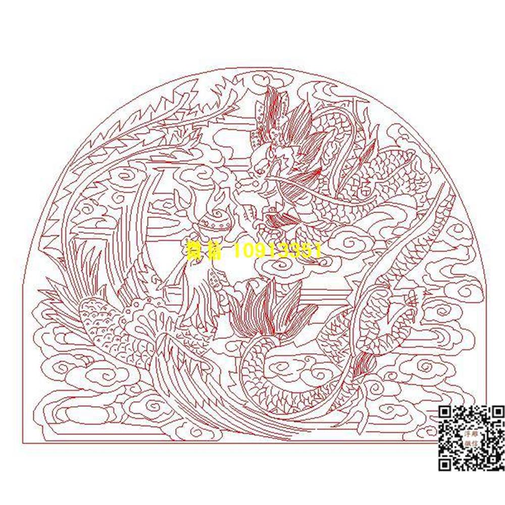 精雕图41龙凤墓碑碑头线雕图线条图单线铣底图_电脑雕刻plt文泰矢量图精雕图浮雕图